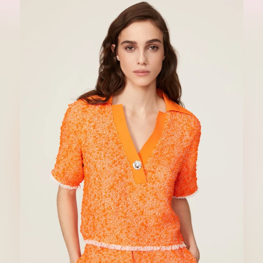 3.1 Philip Lim Short Sleeve Rib Collar Tweed Polo Top